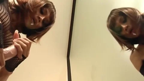 Redhead Ladyboy In black lingerie Sucks A fake penis By The Mirror