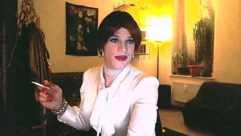 White Satin Lady Smoking And Playing